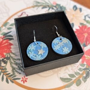 Handmade Snowflake Earrings - Blue & Silver Wooden Decoupage